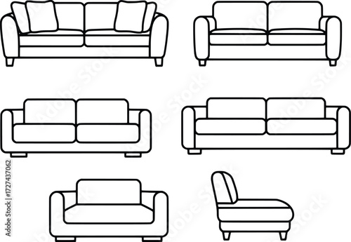 Collection of various sofas and armchairs displayed as outline drawings for interior design concepts