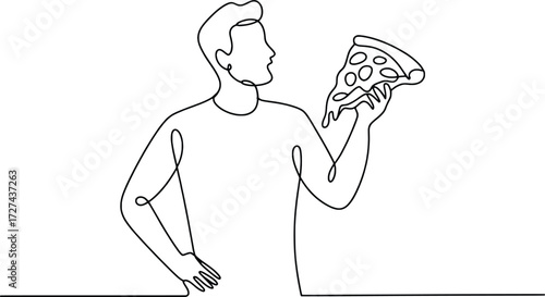 Man holding a delicious slice of pizza enjoying a moment of pure food bliss