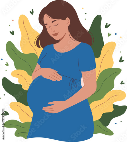 Pregnant woman holding belly surrounded by abstract colorful nature shapes