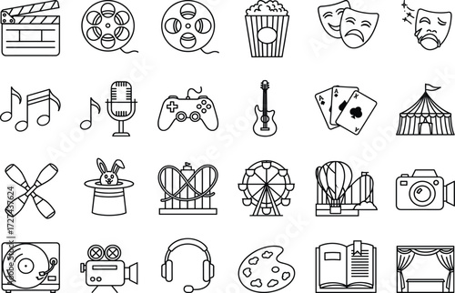 Entertainment icons, media elements, music and theater, gaming symbols, circus fun, magic show, black line illustration, creative design set