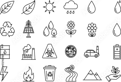 Environment icon set, sustainability symbols, eco-friendly graphics, pollution awareness, renewable energy tools, black outline, vector illustration, nature design