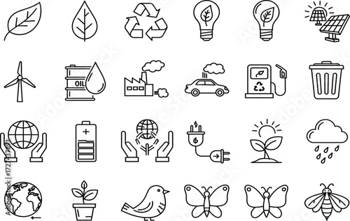 Environment icon set, sustainability symbols, eco-friendly graphics, renewable energy tools, nature conservation, black outline, vector illustration, green design