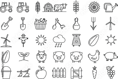 Farming icon set, agriculture symbols, livestock graphics, crop and produce tools, rural lifestyle elements, black outline, vector illustration, eco design
