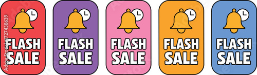 Set of five colorful flash sale badges with bell icons for promotions and discounts