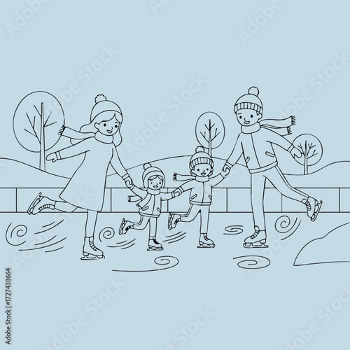 A joyful family enjoys ice skating together on a winter day, creating lasting memories in a serene setting.