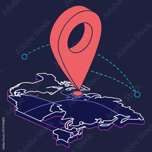 A vibrant 3d illustration shows a large red location pin hovering over a stylized map of canada, with dotted lines indicating travel routes and connections across the territory