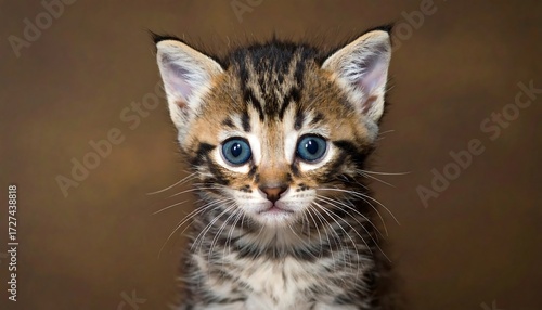 Wallpaper Mural A captivating close-up portrait of a kitten with striking blue eyes and a spotted coat against a rich brown background. Torontodigital.ca