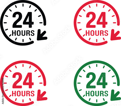 Four circular 24 hours service icons with arrows in red green and black colors