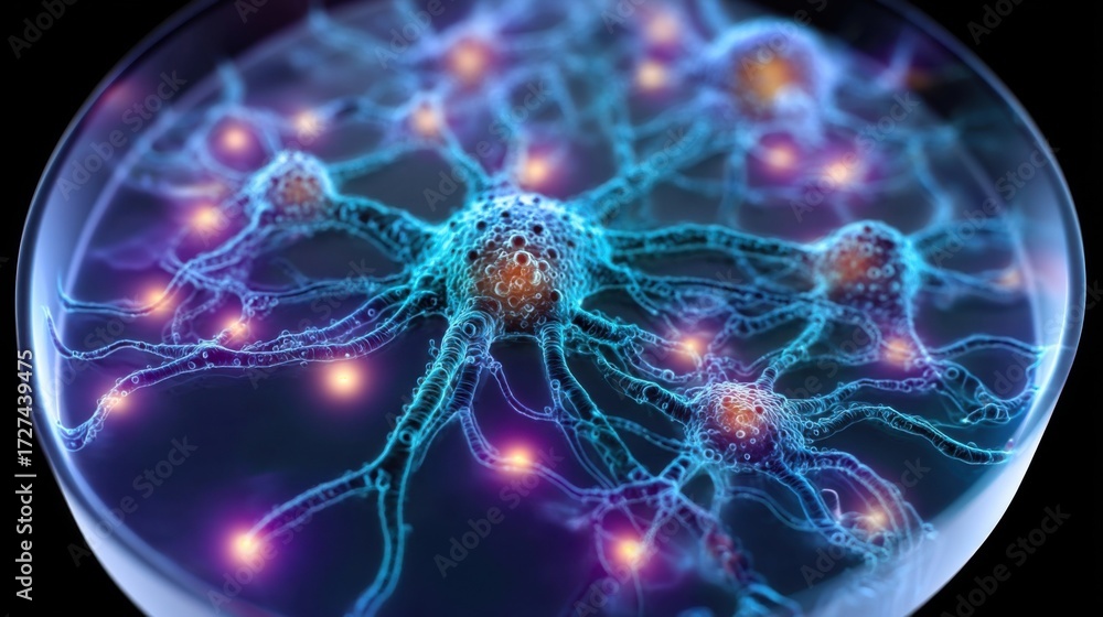 Obraz premium Vibrant purple and blue neurons with glowing dendrites and axons form a complex network,