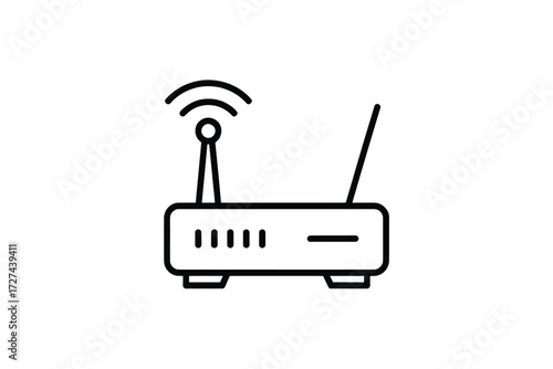 Simple line art icon of a wireless router with antennas