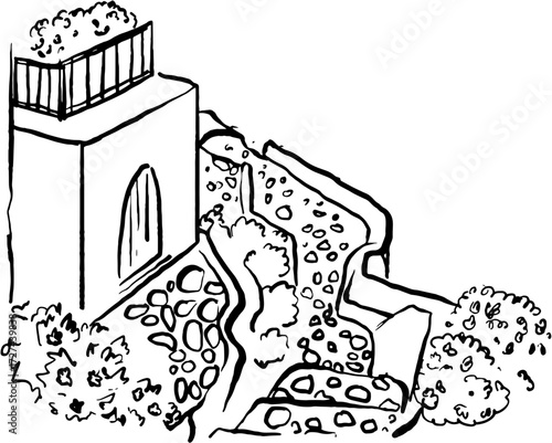 Hand drawn Greek themed ink vector illustration. Santorini city view 