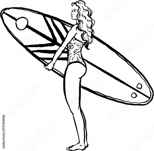 Hand drawn Greek themed ink vector illustration. Woman surfing 
