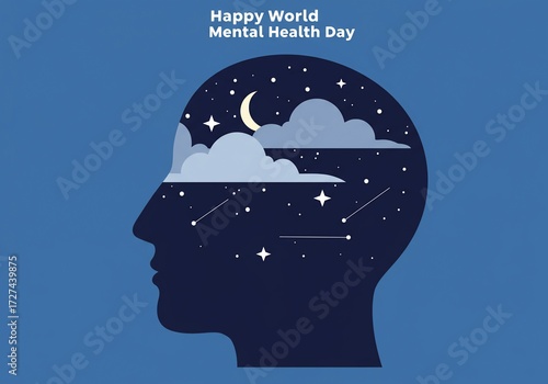 Flat style illustration of a human head silhouette filled with a tranquil night sky, symbolizing mental peace, psychological well-being, and inner calm
