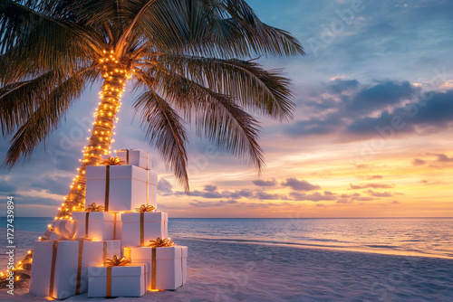 Fototapeta Naklejka Na Ścianę i Meble -  Tropical christmas concept with palm tree decorated with lights and gift boxes