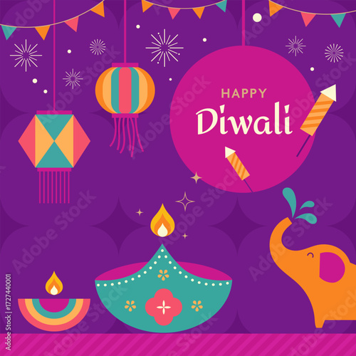 Happy Diwali festival with Diwali oil lamp. Indian festival of lights. Vector abstract flat illustration for the holiday. Diwali greeting card. 