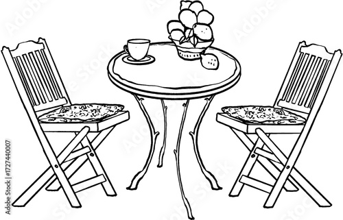 Hand drawn Greek themed ink vector illustration. Café, bistro table