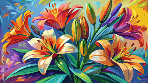 This vibrant impressionist oil painting of a lily bouquet shows glowing blooms, artistic texture, dynamic colors, layered brushstrokes, and expressive charm, creating a beautiful timeless floral 