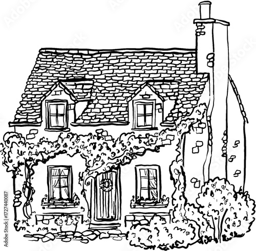 Hand drawn Greek themed ink vector illustration. Cottage house