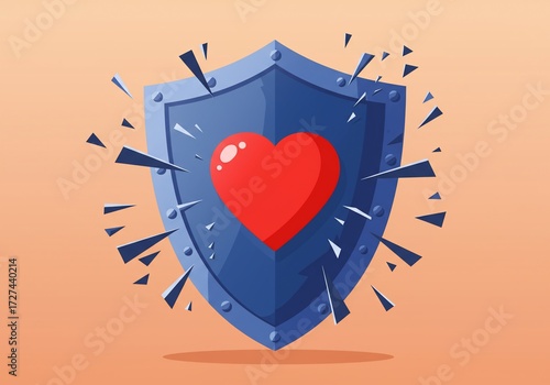 Conceptual vector illustration of a powerful blue shield actively protecting a red heart, symbolizing safety, love, and healthcare