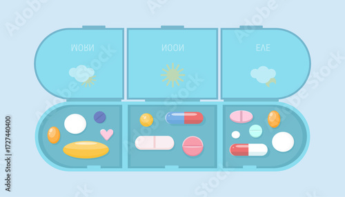 An open pill organizer with compartments for morn, noon, and eve doses. A box with capsules and pills for organizing medication intake. A daily reminder to take vitamins and prescription medications.