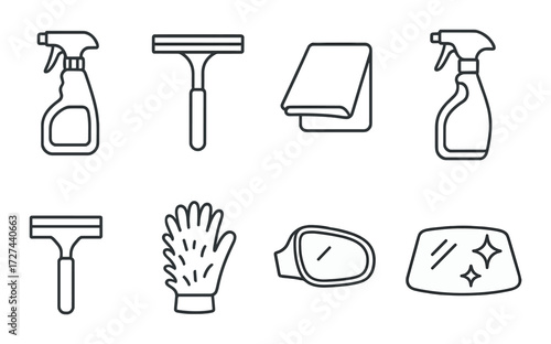 Car cleaning tools icons set: spray bottles, squeegee, cloth, glove, mirror, window