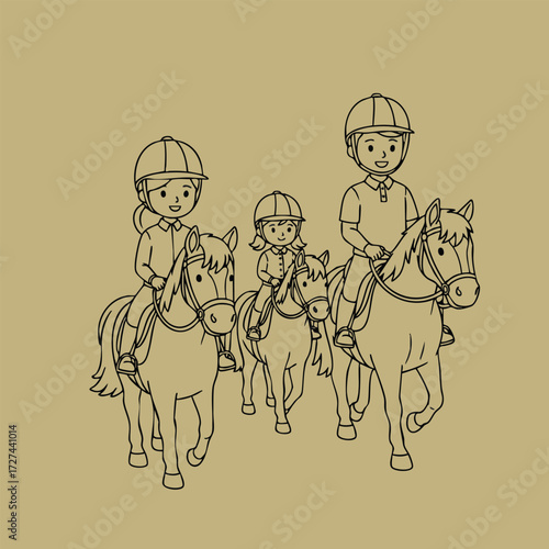 Three riders on horseback, including a child, enjoying a leisurely ride in a serene outdoor setting together.