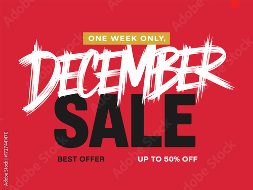 Vibrant red december sale graphic with special offers and discounts up to 50 percent