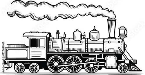 Detailed ink drawing of a vintage steam locomotive emitting smoke and steam evoking nostalgia