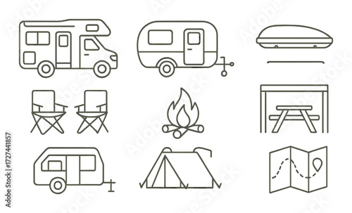 Camping icons set: rvs, campfire, tent, chairs, picnic table, map