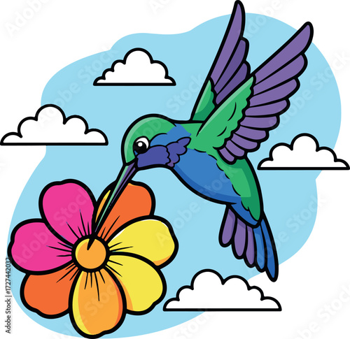 Colorful Cartoon Hummingbird Feeding on a Vibrant Flower Illustration