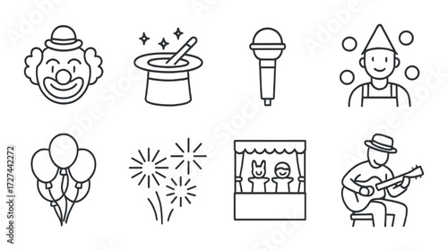 Circus icons: clown, magician, juggler, balloons, fireworks, puppeteer, musician