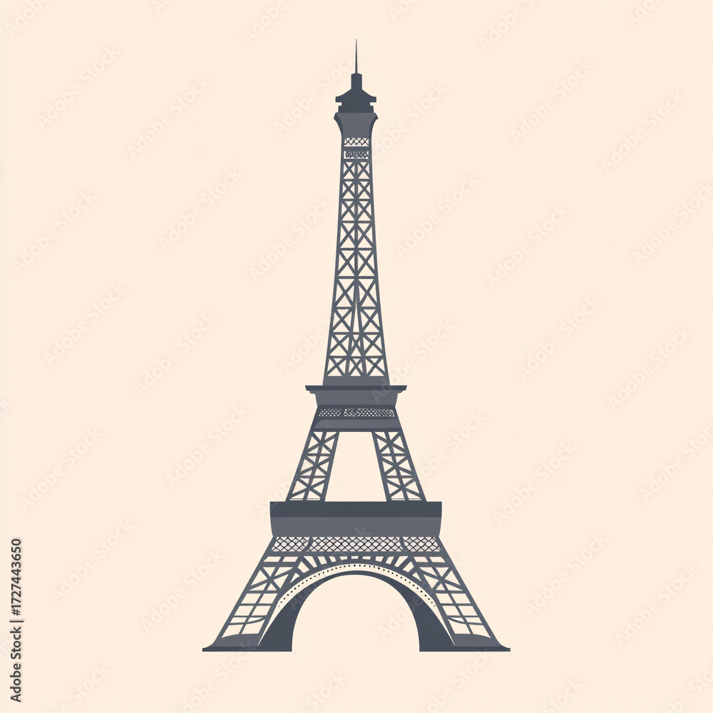Obraz premium Elegant Eiffel Tower silhouette on soft beige background, iconic Paris landmark in vintage flat vector style 