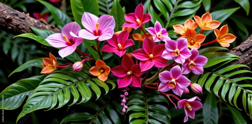 Obraz premium Lush tropical floral arrangement featuring Monstera, ferns, Vanda orchids, and vibrant foliage cascading from a natural tree branch, vibrant, jungle