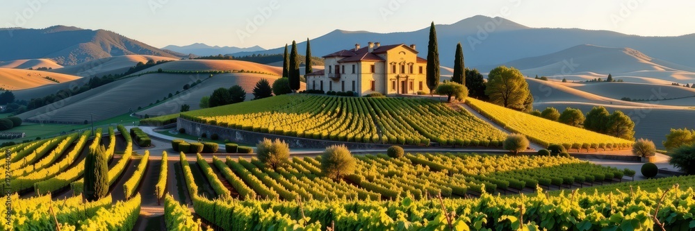 Obraz premium Rolling hills of vines surround a majestic chateau, its stone walls bathed in golden sunlight. Cypress trees dot the landscape, creating a picturesque scene, golden hour, idyllic