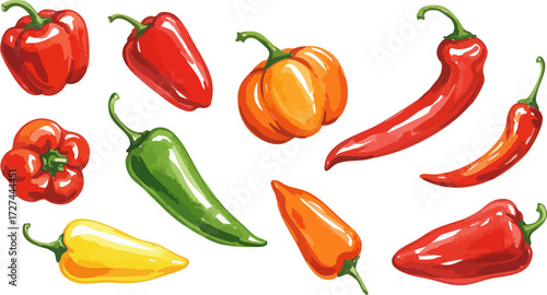 Assorted colorful peppers in a vibrant pixel art style against a black background