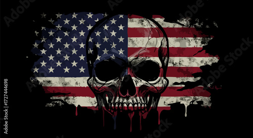 Skull overlaid with distressed american flag design on a black background art