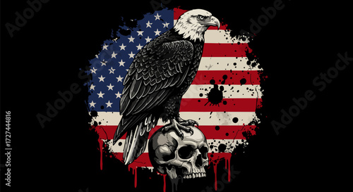 Bald eagle perched on skull with american flag in background patriotic design