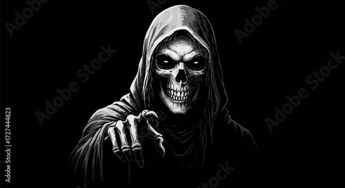 Grim reaper pointing forward with a menacing stare in a dark and spooky setting