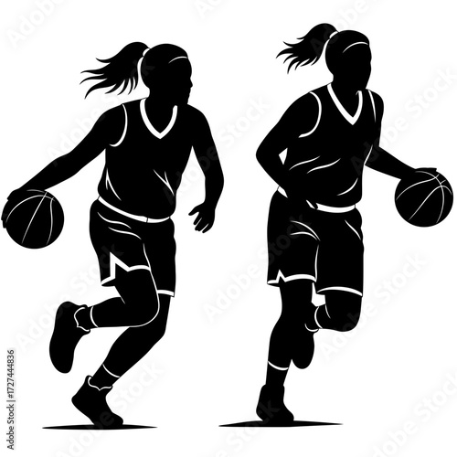 basketball, female, player, silhouette, sports, action, vector, athlete, dribble, game, ball, motion, dynamic, energy, uniform, court, hoop, competition, strength, pose, movement, black, outline, spor