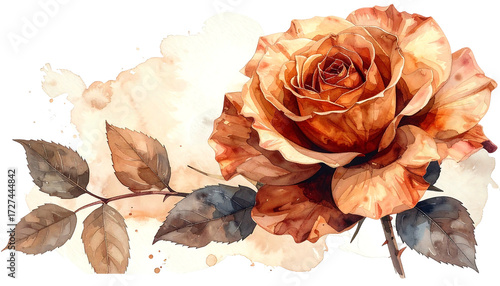 Beautiful vintage sepia toned rose with leaves.