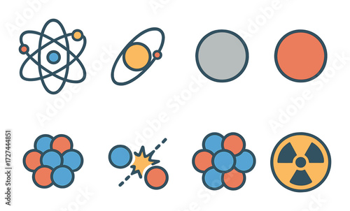 Scientific icon set: atom, planetary model, molecule, nuclear energy symbols