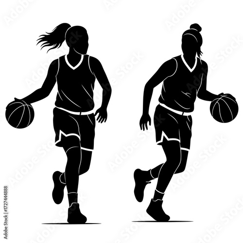 basketball, female, player, silhouette, sports, action, vector, athlete, dribble, game, ball, motion, dynamic, energy, uniform, court, hoop, competition, strength, pose, movement, black, outline, spor