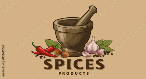 Mortar and pestle with fresh spices and herbs for cooking on a neutral background