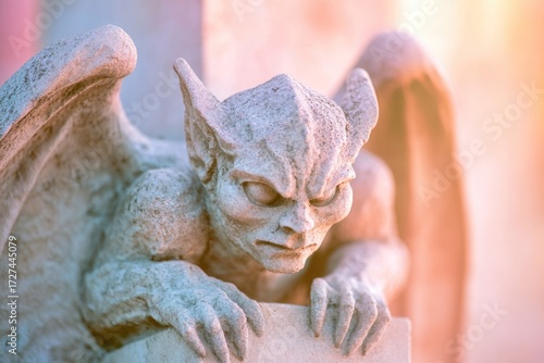 A close-up view of a stone gargoyle with wings, perched menacingly.