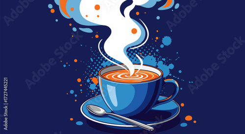 Steaming cup of coffee illustration with vibrant colors and abstract background art