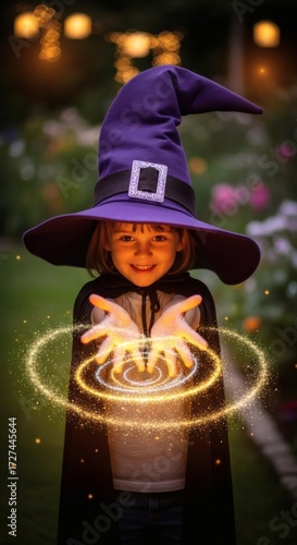 Joyful kid in a witch outfit with magical rings. Perfect for halloween, fantasy, costume, magic, imagination, childrens activities, and festive concepts.