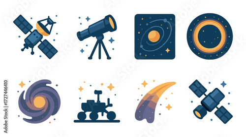 Space exploration icons: telescope, satellite, solar system, galaxy, rover, comet