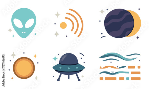 Futuristic alien icons: ufo, planets, and cosmic symbols in neon colors