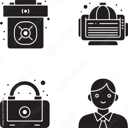 Assortment of Black Glyph Icons Featuring Home Appliance, Studio Light, Travel Bag, and Professional Person