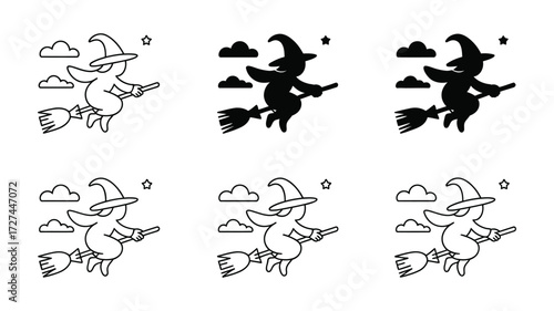 Vector art of witch flying on broom with cloud and star icon set outline, glyph, and filled style vector illustration of halloween